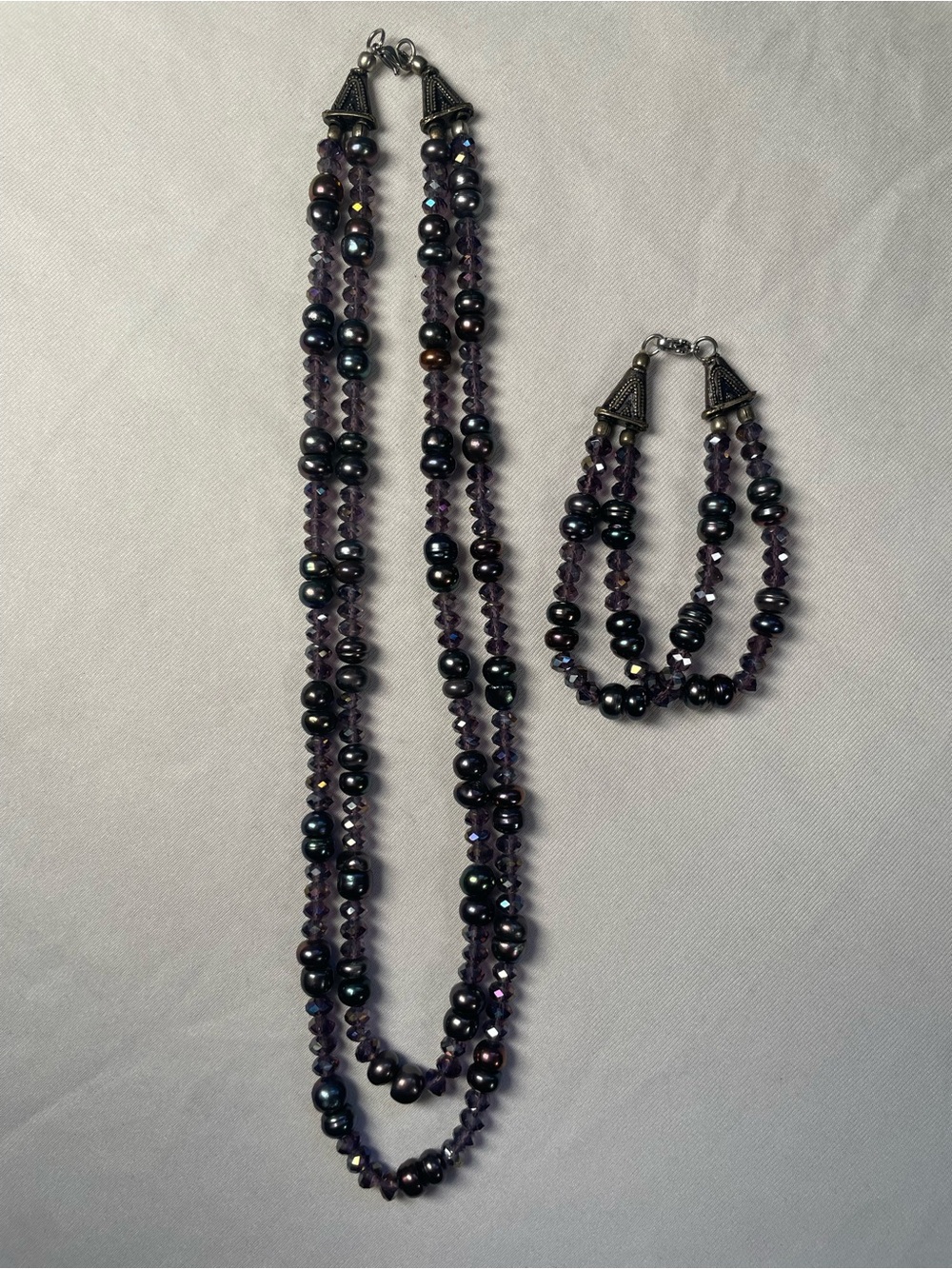 Multi-Strand Peacock Pearl & Purple Crystal Necklace & Bracelet Set Whimsigoth